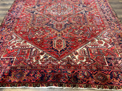 Persian Heriz Rug 7x10, Geometric Pattern, Red Ivory Navy Blue - Nuvé