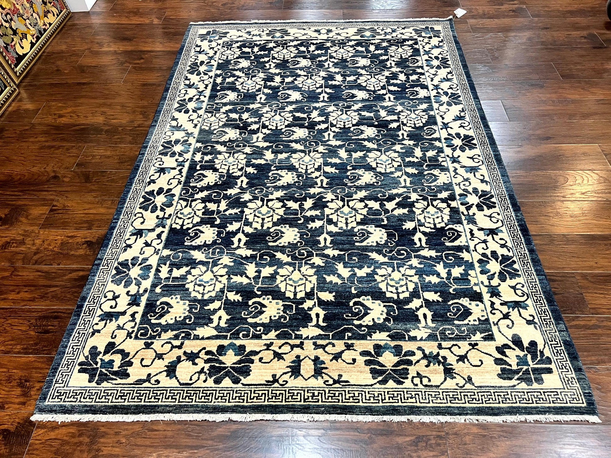Sino Persian Rug 6x9, Hand Knotted Wool Carpet, Floral Allover, Blue Cream-Tan - Nuvé