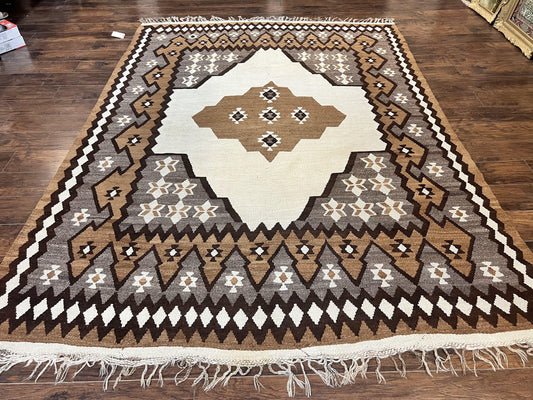Antique Persian Fars Kilim Rug 8x11, Wool, Boho Tribal Persian Shiraz Flatweave Carpet, Semi Open Field, Geometric, Handmade, Vintage Semi Antique - Nuvé