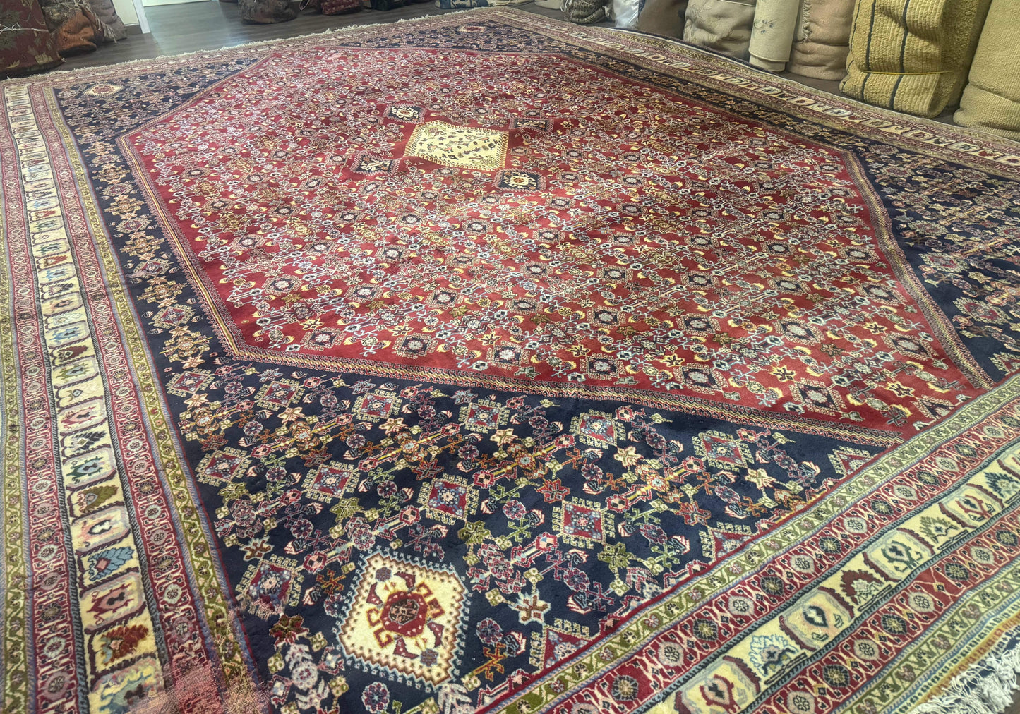 Palace Size Persian Shiraz Rug 13x19, Tribal Rug, Herati Pattern, Brick Red Navy Blue Beige, Oversized Persian Wool Area Rug, Extra Large - Nuvé