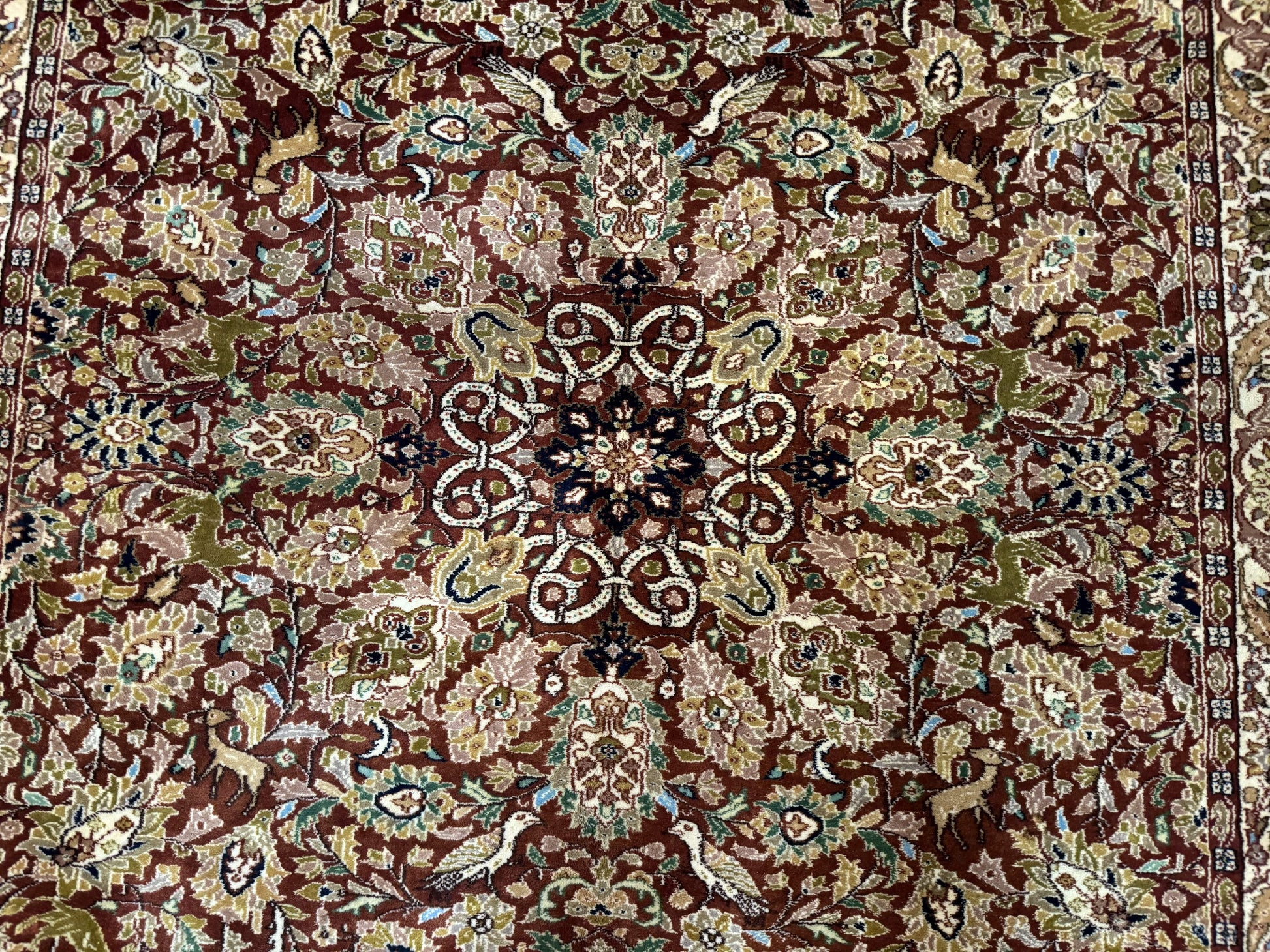 Tree of Life Indian Kashmiri Rug 6x9, Rust Red and Cream, Animal Pictorials, Fine 290 KPSI - Nuvé