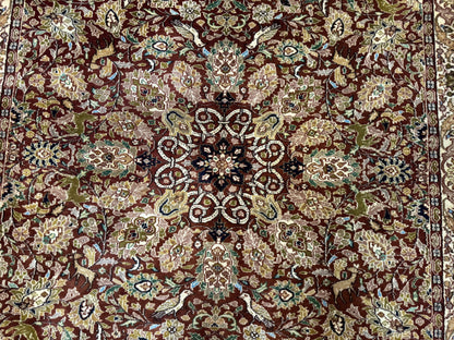 Tree of Life Indian Kashmiri Rug 6x9, Rust Red and Cream, Animal Pictorials, Fine 290 KPSI - Nuvé