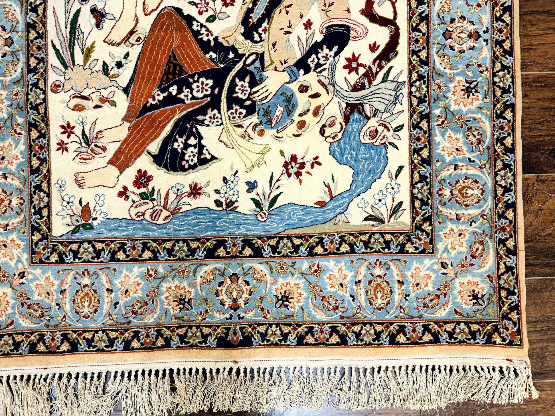 Persian Isfahan Pictorial Rug, Two Lovers, Kork Wool on Silk Foundation, Ivory and Light Blue, 500 KPSI Super Fine - Nuvé