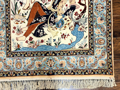 Persian Isfahan Pictorial Rug, Two Lovers, Kork Wool on Silk Foundation, Ivory and Light Blue, 500 KPSI Super Fine - Nuvé
