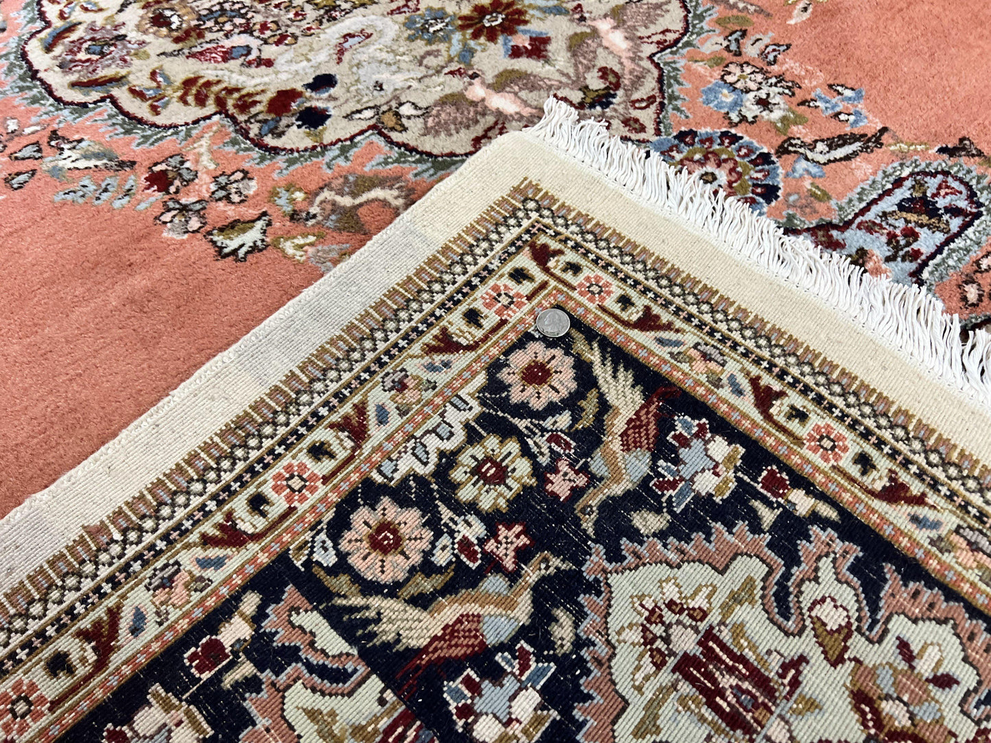 Persian Tabriz Rug 10x13, Wool Hand Knotted Vintage Carpet, Salmon Red & Ivory, Semi Open Field, Birds & Animal Motifs, Large Rug - Nuvé