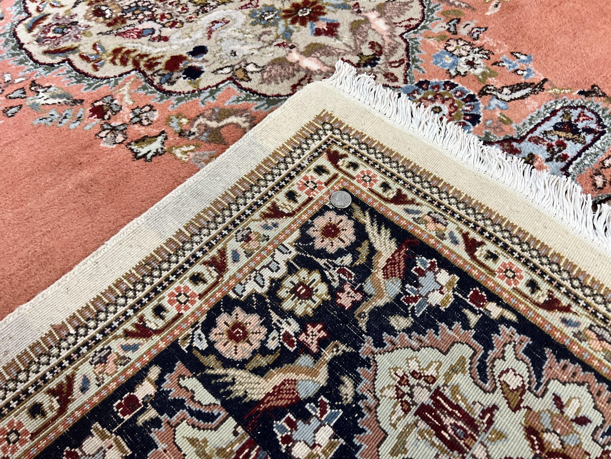 Persian Tabriz Rug 10x13, Wool Hand Knotted Vintage Carpet, Salmon Red & Ivory, Semi Open Field, Birds & Animal Motifs, Large Rug - Nuvé