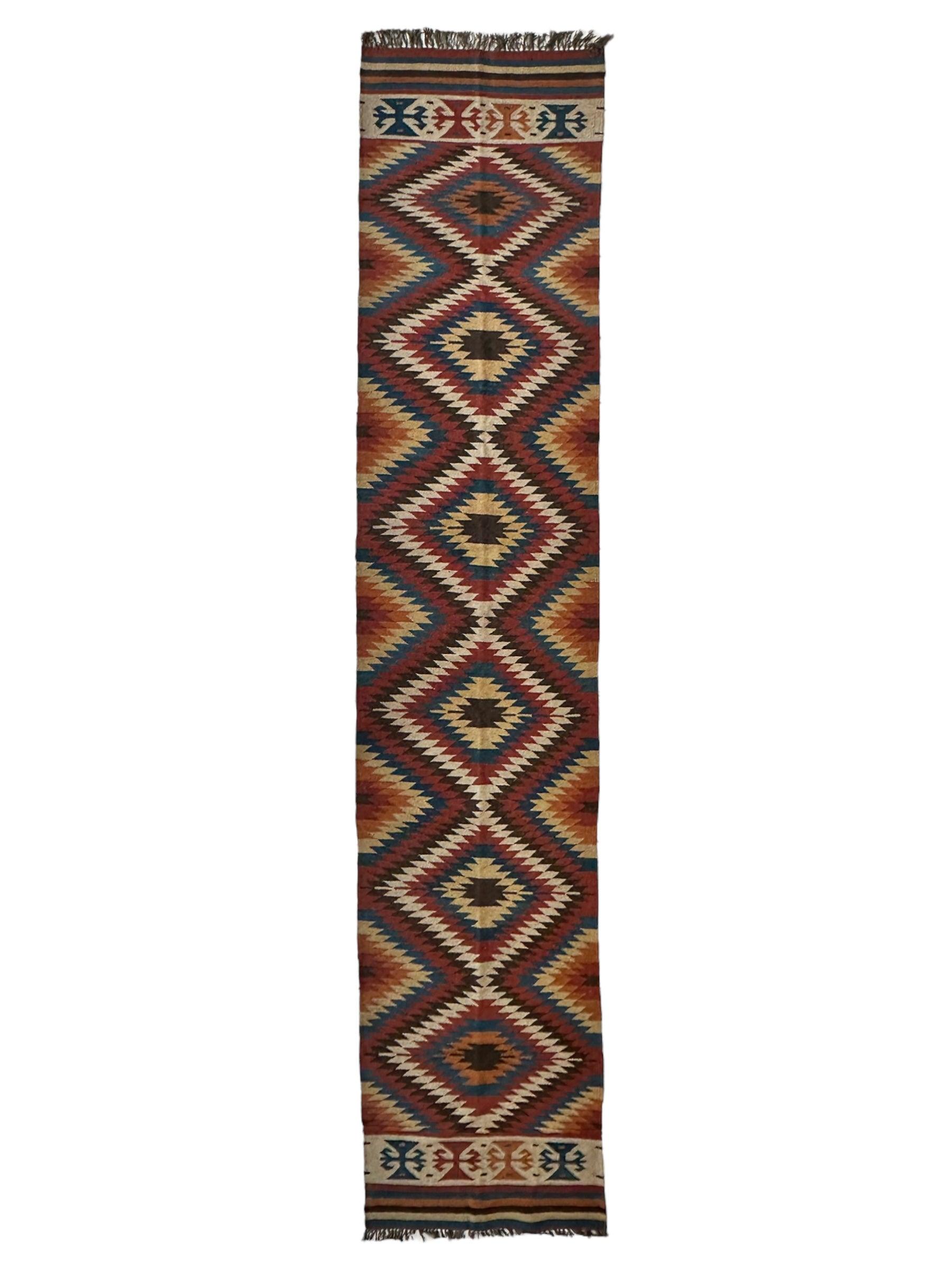 Hand-Knotted Afghan Kilim Wool Runner Rug – 2’8” x 12’4” – Vintage Full Geometric Design - Nuvé