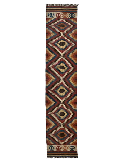 Hand-Knotted Afghan Kilim Wool Runner Rug – 2’8” x 12’4” – Vintage Full Geometric Design - Nuvé