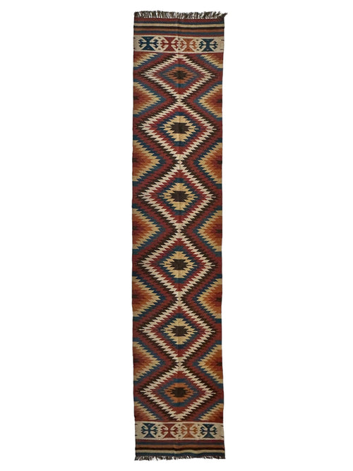 Hand-Knotted Afghan Kilim Wool Runner Rug – 2’8” x 12’4” – Vintage Full Geometric Design - Nuvé
