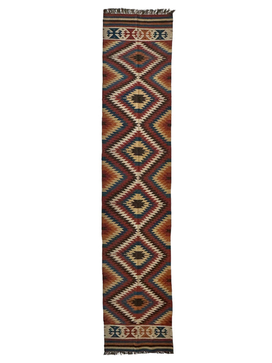 Hand-Knotted Afghan Kilim Wool Runner Rug – 2’8” x 12’4” – Vintage Full Geometric Design - Nuvé
