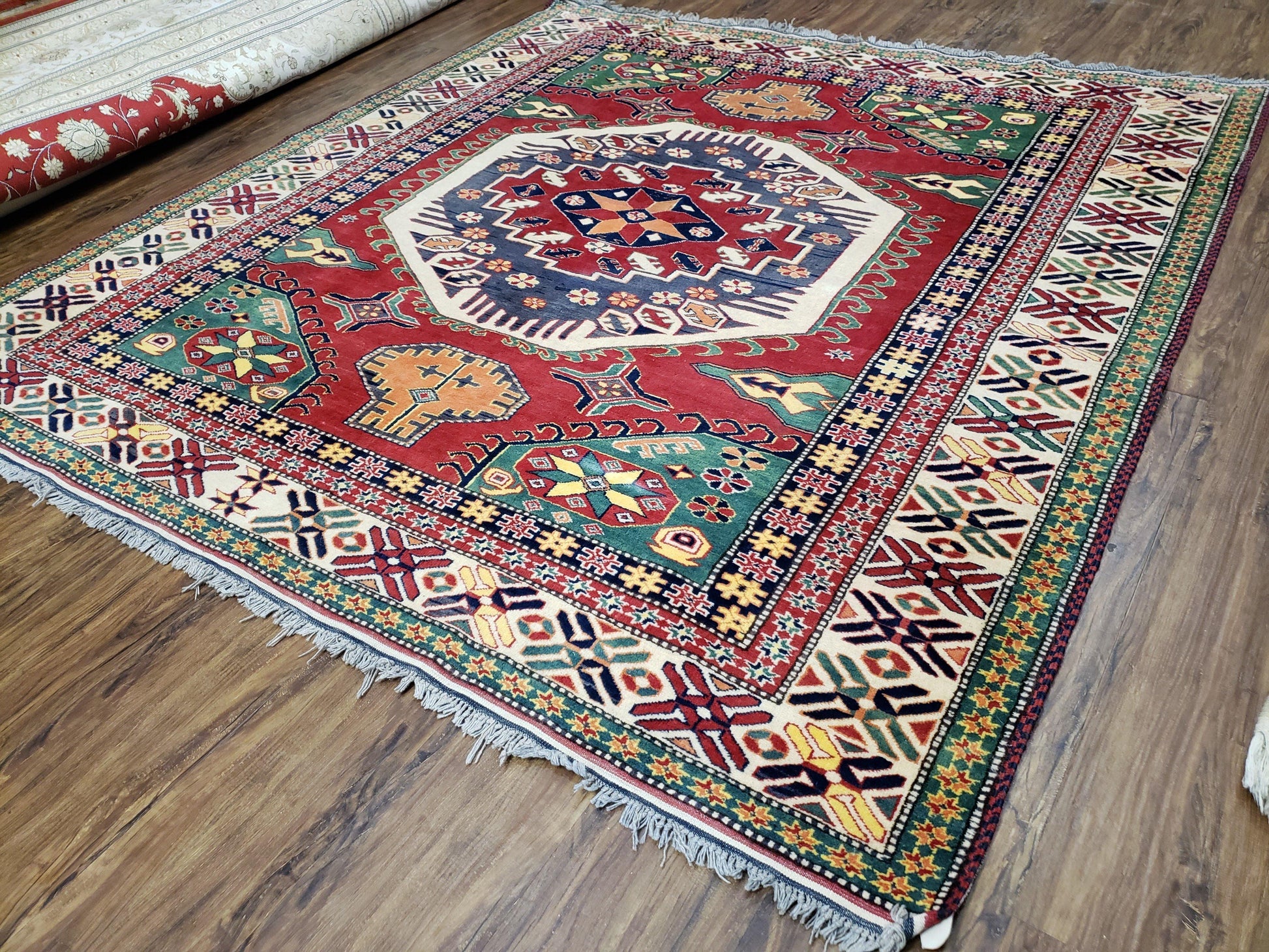 Vintage Turkish Kazak Area Rug, 6ft Square Rug, 6x6 Square Oriental Carpet, Hand-Knotted, Wool, Bold Colors, Red Blue Green, Geometric Rug - Nuvé