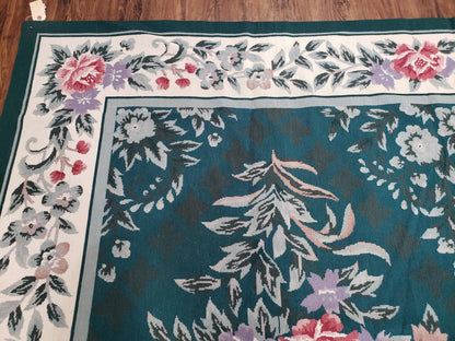 Chinese Needlepoint Rug 8x10, Vintage Green Area Rug, Hand-Woven Flatweave Floral European Design Carpet Wool Handmade 8x 10 Living Room Rug - Nuvé