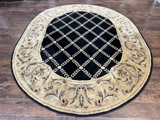 Oval Tibetan Rug 8x10, French Aubusson Design, Wool Handmade Vintage Carpet, Black & Beige, Soft Wool Pile - Nuvé