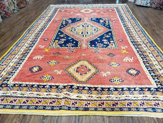 Vintage Moroccan Rug 6.6 x 9.8 ft, Tribal Bohemian Wool Hand-Knotted Carpet, 1950s Moroccan Rug, Salmon Red and Navy Blue, Room Sized Rug - Nuvé