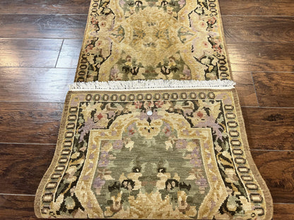 Tibetan Runner Rug 2.6 x 10, French Aubusson Pattern, Gold Olive Green, Vintage Handmade European Design, Wool Hallway Rug - Nuvé