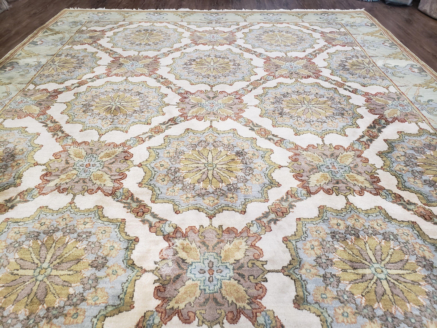 Indo Sultanabad Area Rug 8 x 9.5, Wool Hand-Knotted Ivory Green Teal Decorative Rug, Floral Panel Carpet, Indian Rug, 8 x 10 Bedroom Rug - Nuvé