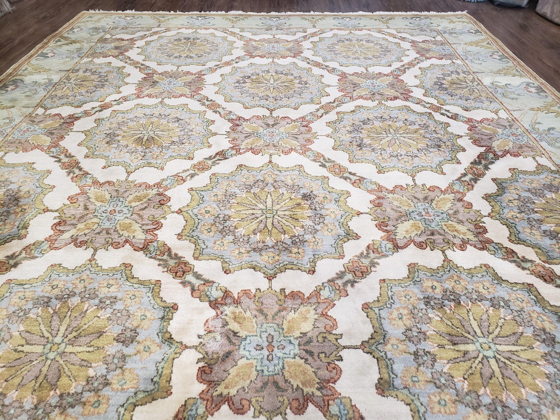 Indo Sultanabad Area Rug 8 x 9.5, Wool Hand-Knotted Ivory Green Teal Decorative Rug, Floral Panel Carpet, Indian Rug, 8 x 10 Bedroom Rug - Nuvé