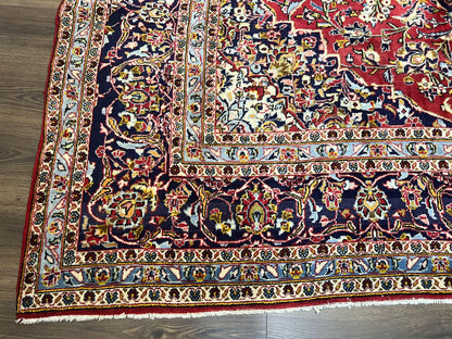 Persian Kashan Rug 9x12, Red Navy Blue, Allover Floral Medallion & Corner Design, Handmade Wool Oriental Carpet, Semi Antique Traditional Carpet - Nuvé