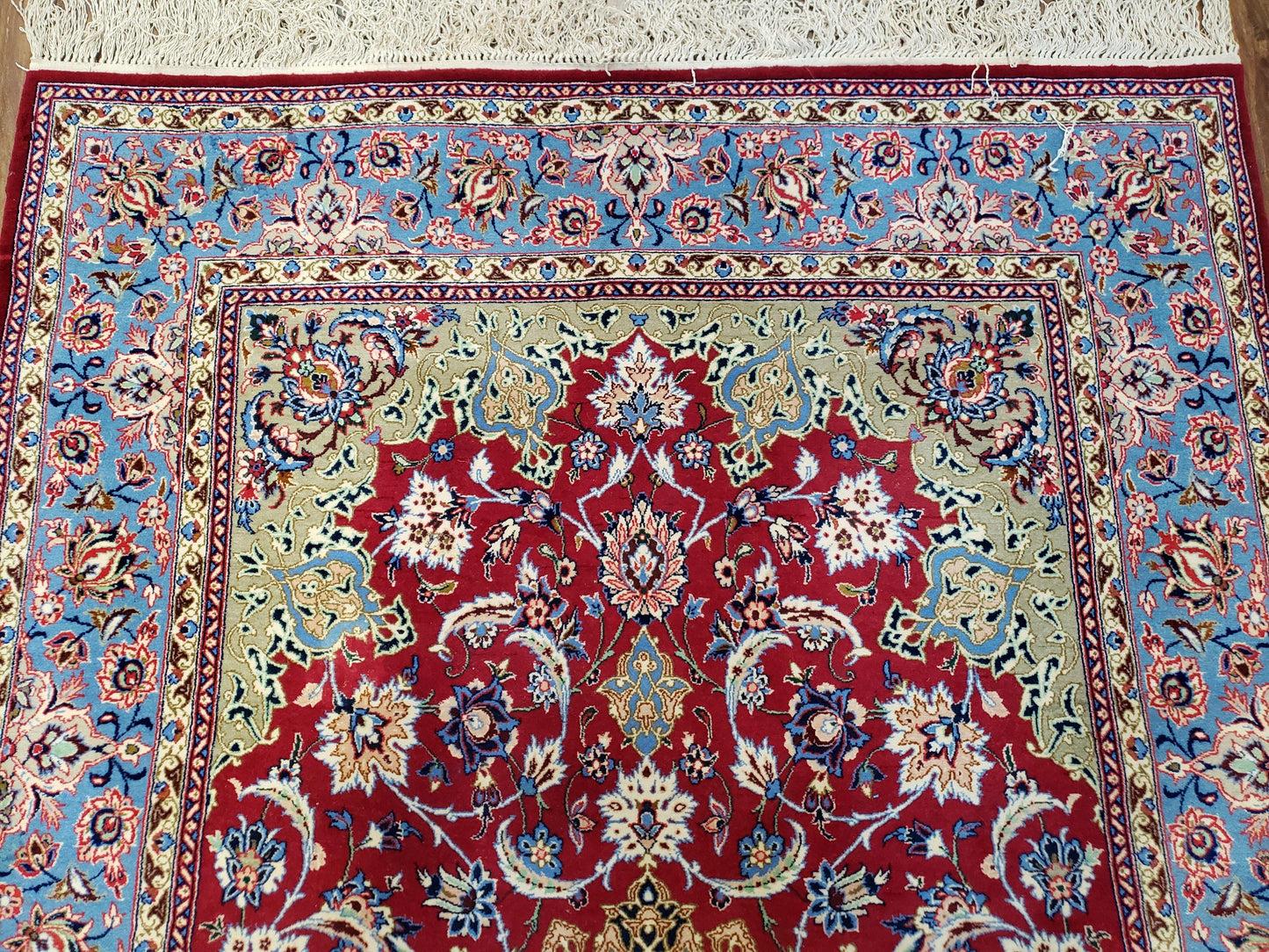 Semi Antique Persian Isfahan Rug, Kork Wool on Silk Foundation, Red & Blue, Top Quality, 3'6" x 5' 6" - Nuvé