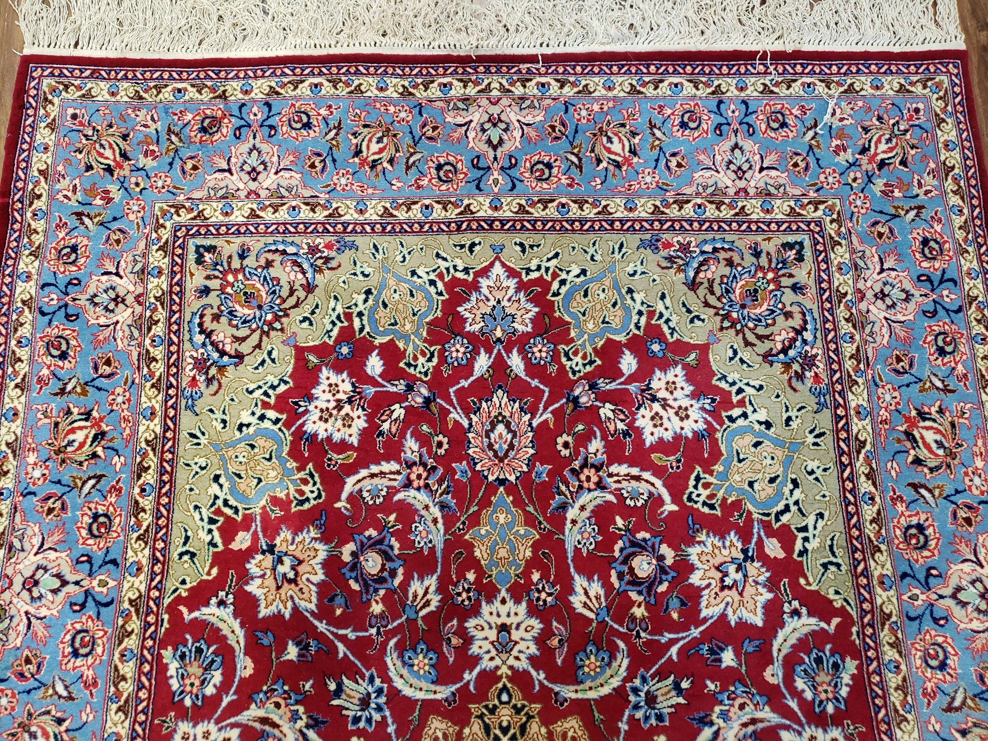 Semi Antique Persian Isfahan Rug, Kork Wool on Silk Foundation, Red & Blue, Top Quality, 3'6" x 5' 6" - Nuvé