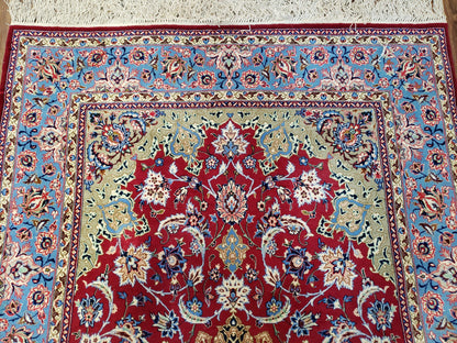 Semi Antique Persian Isfahan Rug, Kork Wool on Silk Foundation, Red & Blue, Top Quality, 3'6" x 5' 6" - Nuvé