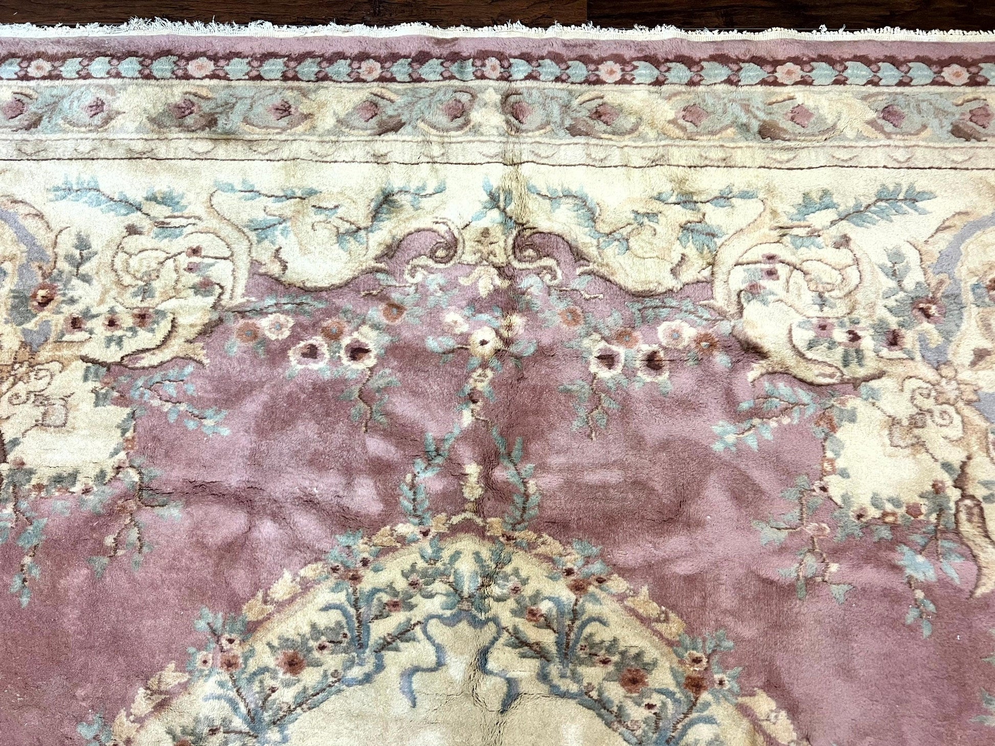 Indo Chinese Aubusson Wool Rug 10x14, Pink and Cream, Handmade Vintage Wool Carpet, Elegant European Design - Nuvé