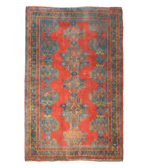 7x11 Turkish Oushak Rug, Vintage Red & Blue Oriental Carpet, Hand Knotted Wool Area Rug 7 x 11, Turkish Sparta Rug, Antique Turkish Rug Nice