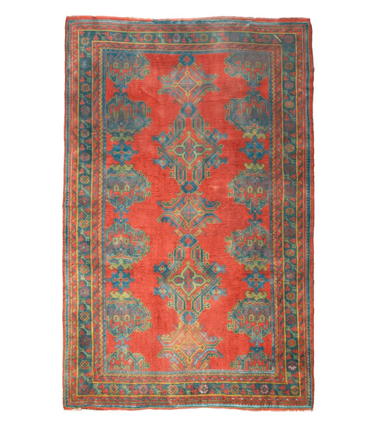 7x11 Turkish Oushak Rug, Vintage Red & Blue Oriental Carpet, Hand Knotted Wool Area Rug 7 x 11, Turkish Sparta Rug, Antique Turkish Rug Nice