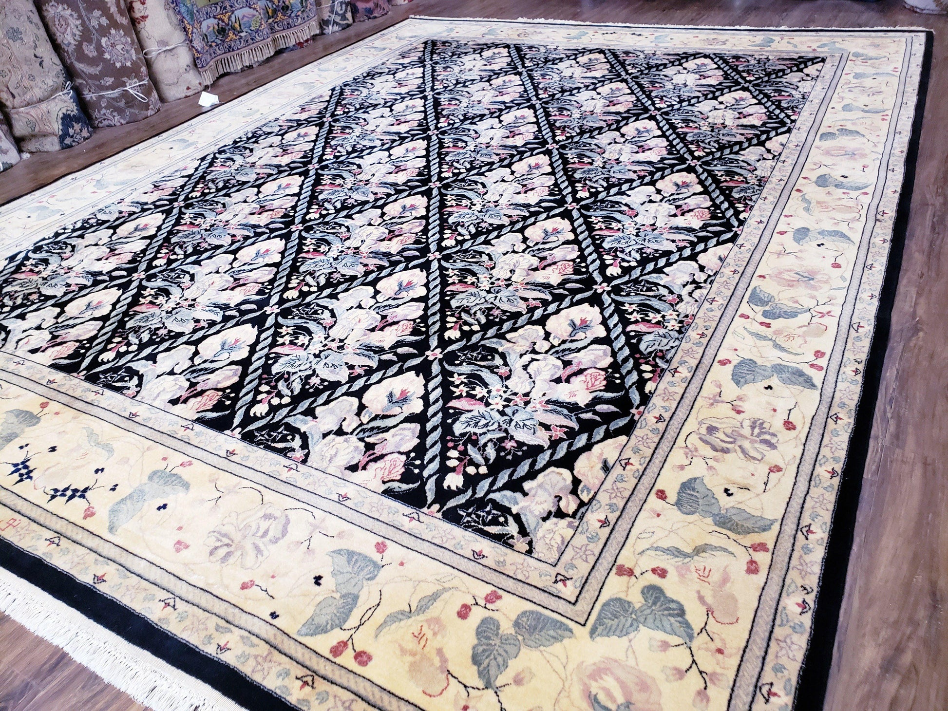 Black Kirman Rug, 8x11 - 9x12 Rug, Sino-Persian Rug, Floral Oriental Carpet, Handmade Rug, Black and Ivory Rug, Room Sized Area Rug, Wool - Nuvé