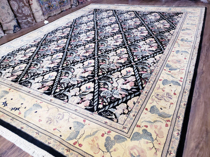 Black Kirman Rug, 8x11 - 9x12 Rug, Sino-Persian Rug, Floral Oriental Carpet, Handmade Rug, Black and Ivory Rug, Room Sized Area Rug, Wool - Nuvé