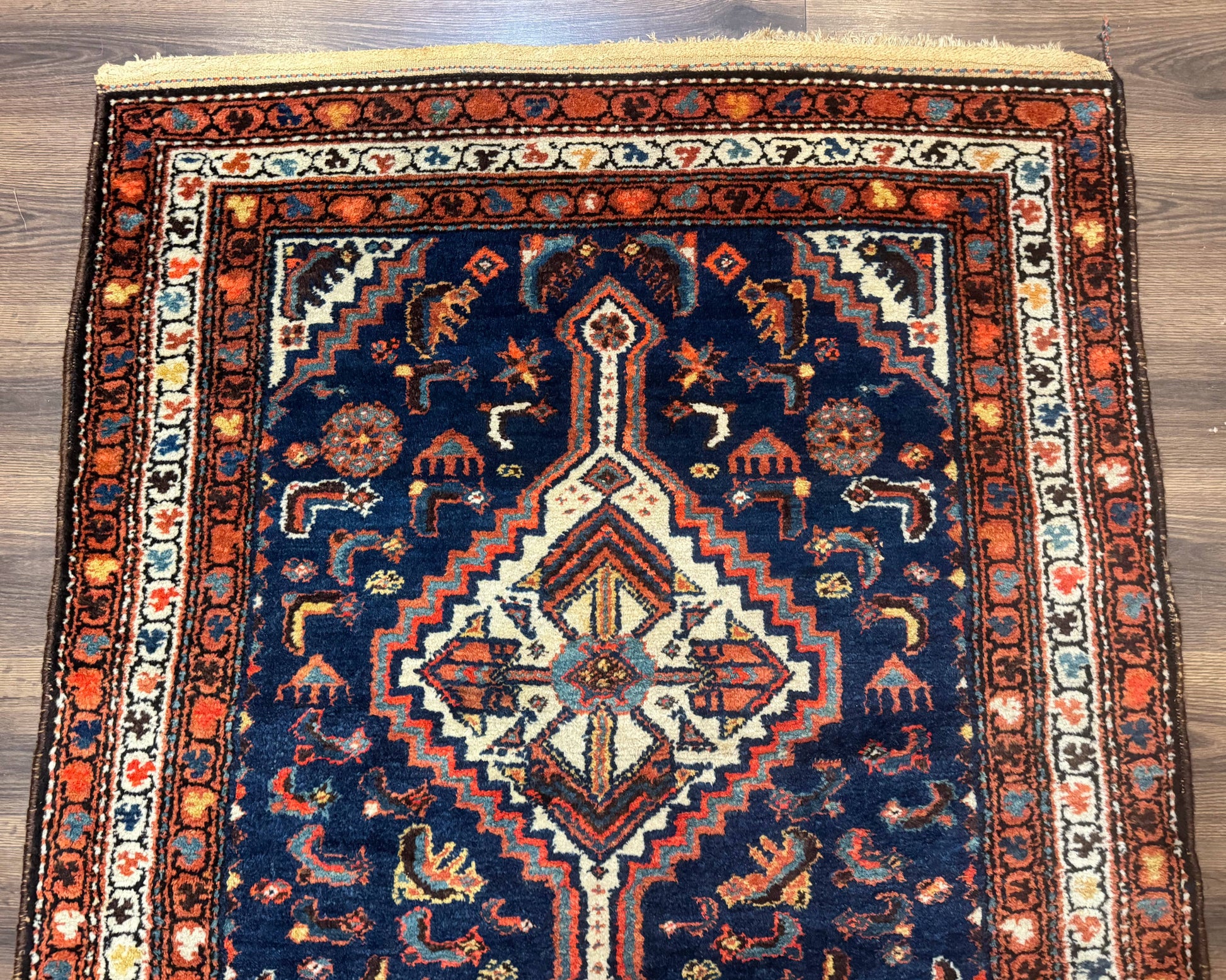 Antique Persian Hamadan Rug 4x6, Geometric, Double Medallions, Navy Blue, Tribal Carpet - Nuvé