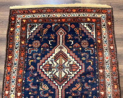 Antique Persian Hamadan Rug 4x6, Geometric, Double Medallions, Navy Blue, Tribal Carpet - Nuvé