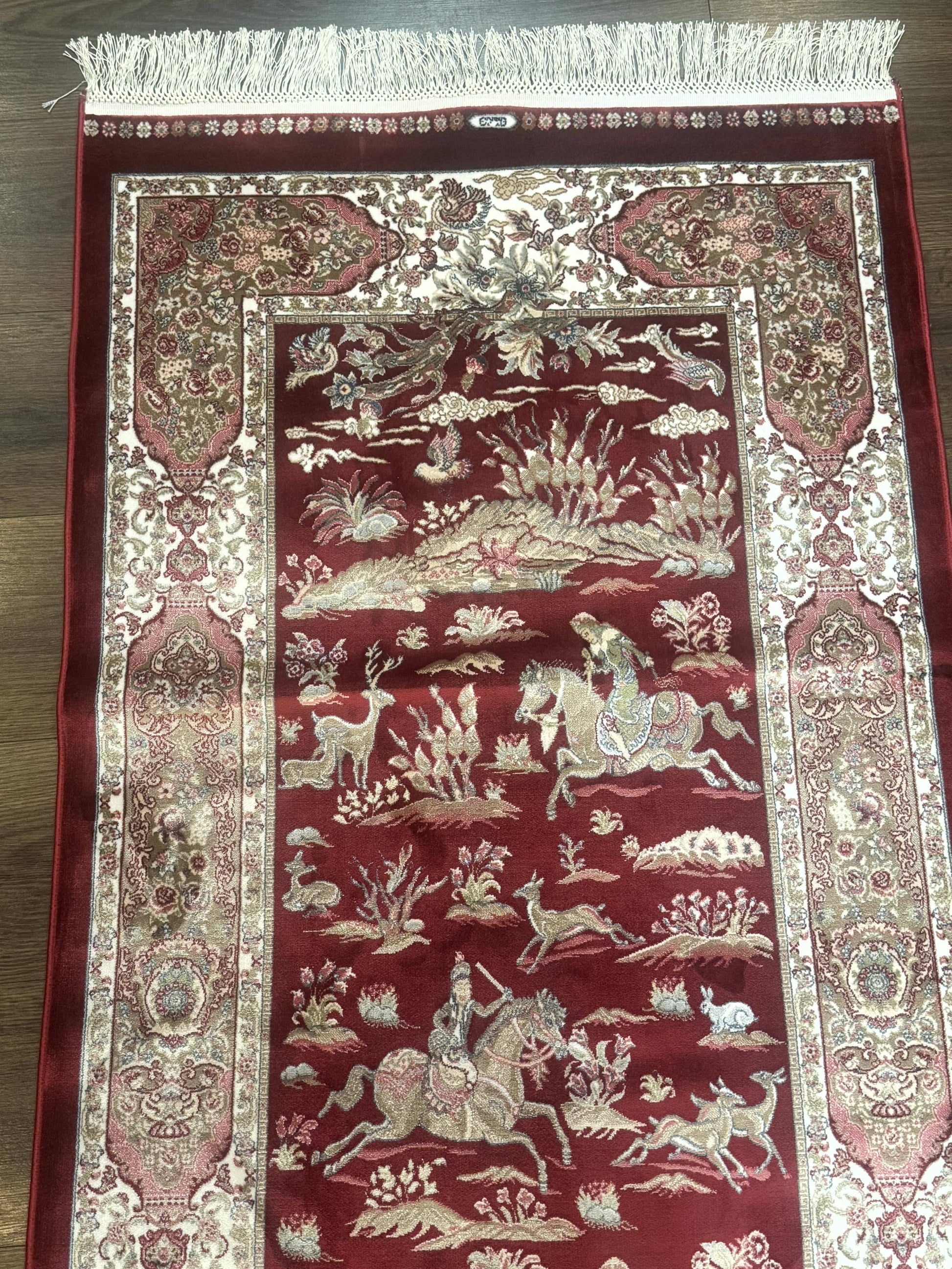 Turkish Silk Rug 2.6 x 6.7, Hunting Design, Short Runner Rug, Red & Ivory, Bamboo Silk, New - Nuvé