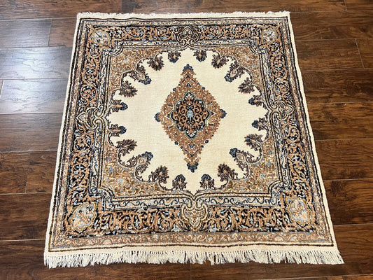 Square Persian Kirman Rug 4x4, Semi Open Field, Handmade - Nuvé