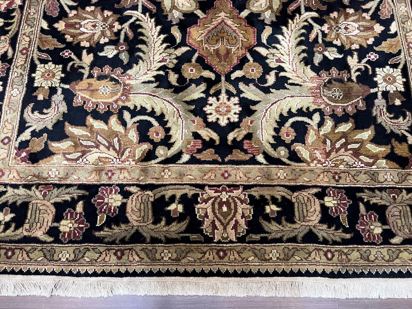 Indo Mahal Sultanabad Rug 8x11, Vintage Indian Oriental Carpet, Wool Handmade Floral Rug 8 x 11 ft, Black Beige Tan, Large Flowers Allover - Nuvé