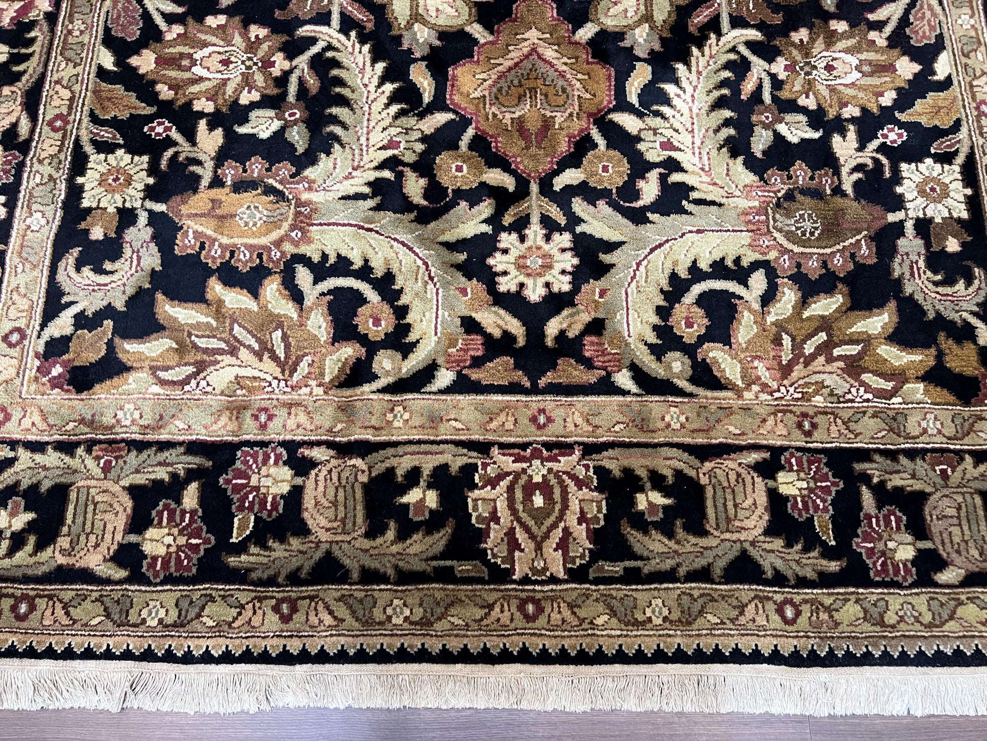 Indo Mahal Sultanabad Rug 8x11, Vintage Indian Oriental Carpet, Wool Handmade Floral Rug 8 x 11 ft, Black Beige Tan, Large Flowers Allover - Nuvé
