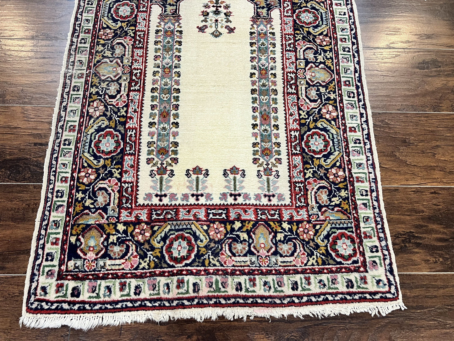 Turkish Prayer Rug 2.5 x 4, Vintage Wool Hand Knotted Carpet, Ivory