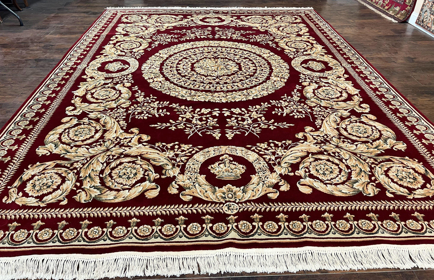 Aubusson Rug 9x12, Wool Handmade Carpet, Elegant French European Design, Dark Maroon Red, 9 x 12 Room Sized Rug, Finely Hand Knotted - Nuvé