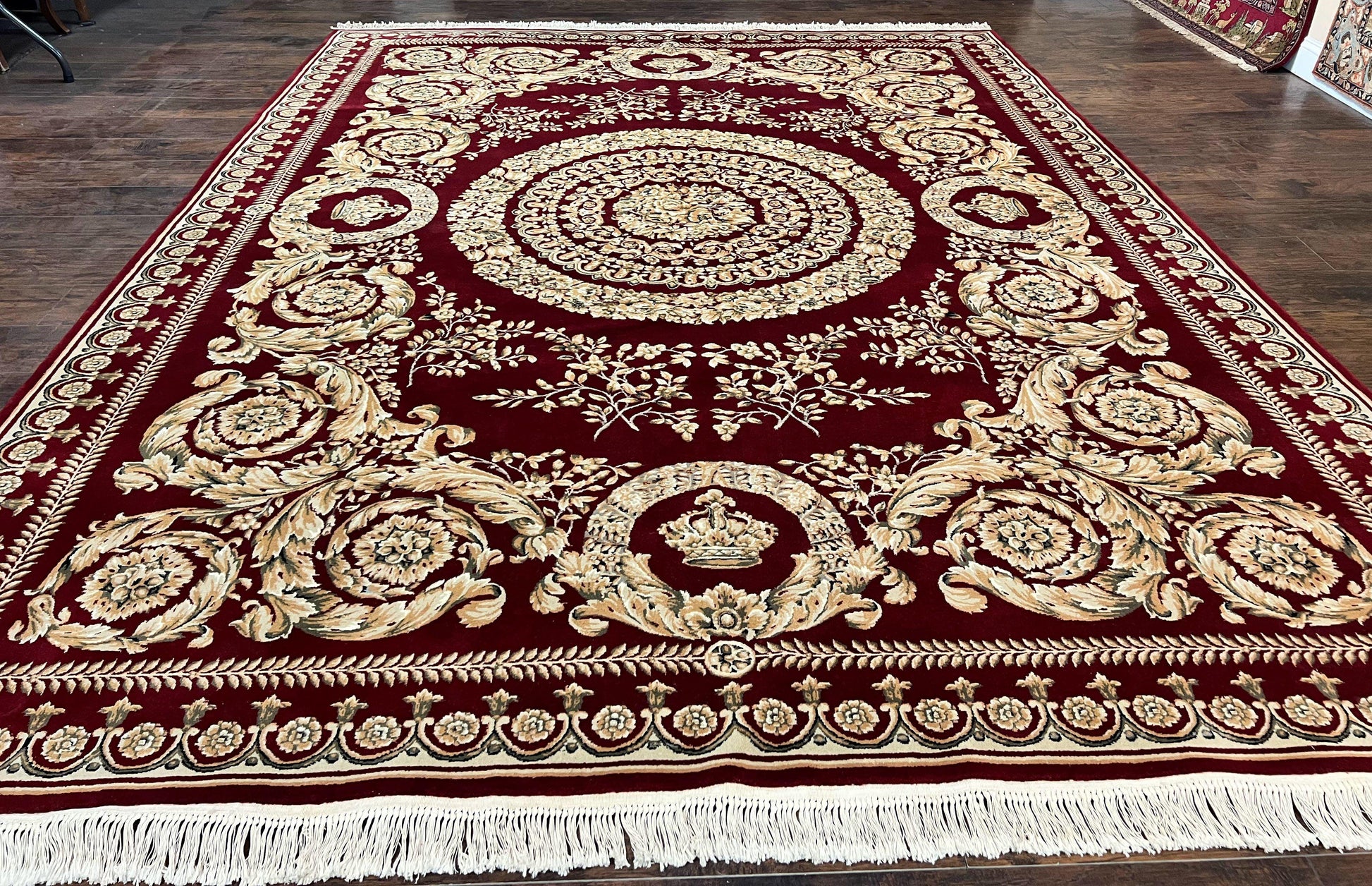 Aubusson Rug 9x12, Wool Handmade Carpet, Elegant French European Design, Dark Maroon Red, 9 x 12 Room Sized Rug, Finely Hand Knotted - Nuvé