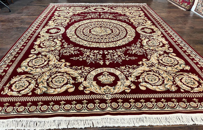Aubusson Rug 9x12, Wool Handmade Carpet, Elegant French European Design, Dark Maroon Red, 9 x 12 Room Sized Rug, Finely Hand Knotted - Nuvé