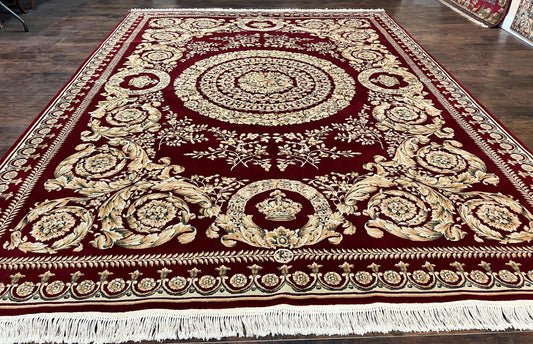 Aubusson Rug 9x12, Wool Handmade Carpet, Elegant French European Design, Dark Maroon Red, 9 x 12 Room Sized Rug, Finely Hand Knotted - Nuvé