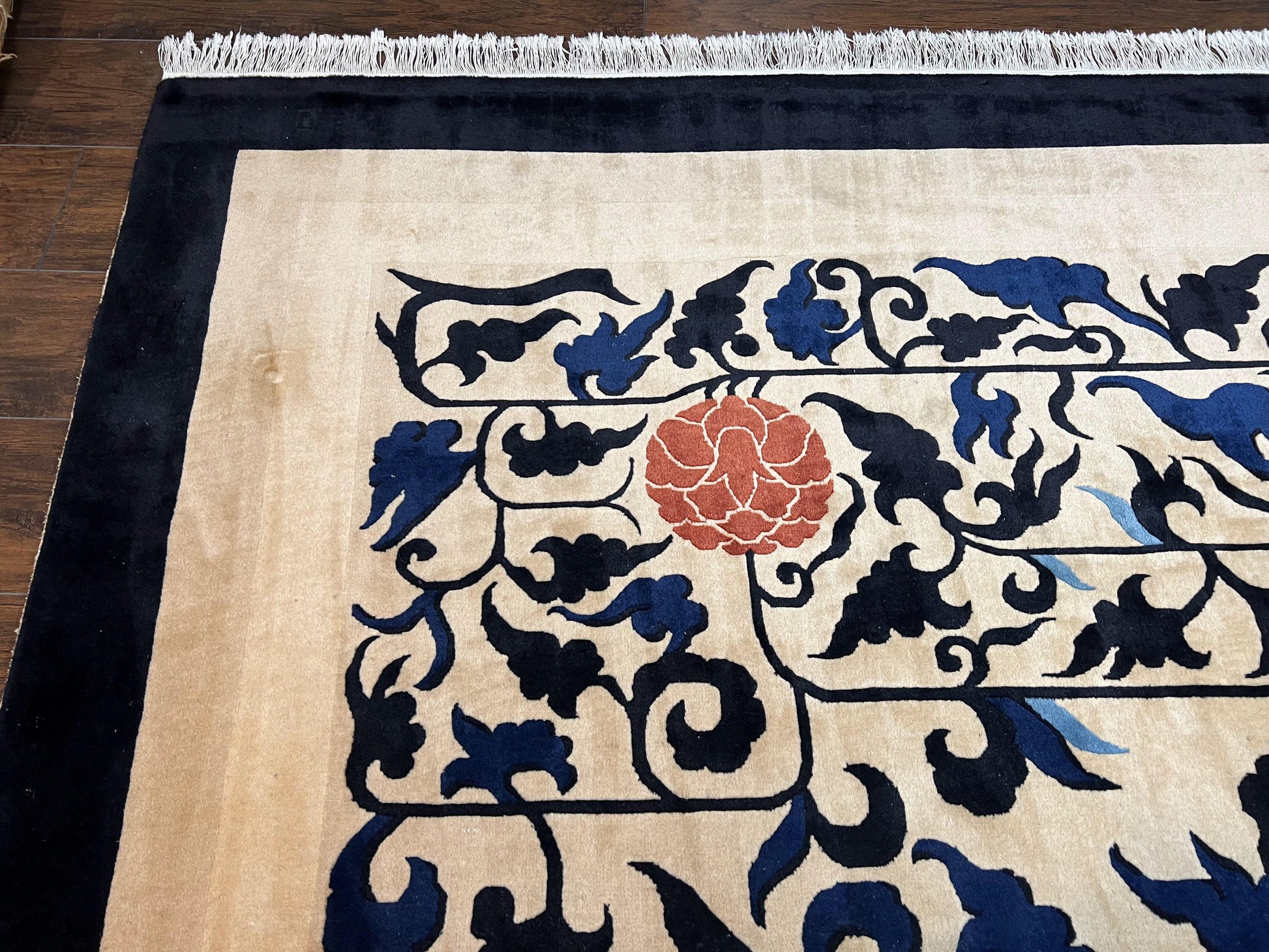 Antique Chinese Peking Rug 10x14, Beige Black, Handmade Wool Art Deco Carpet - Nuvé