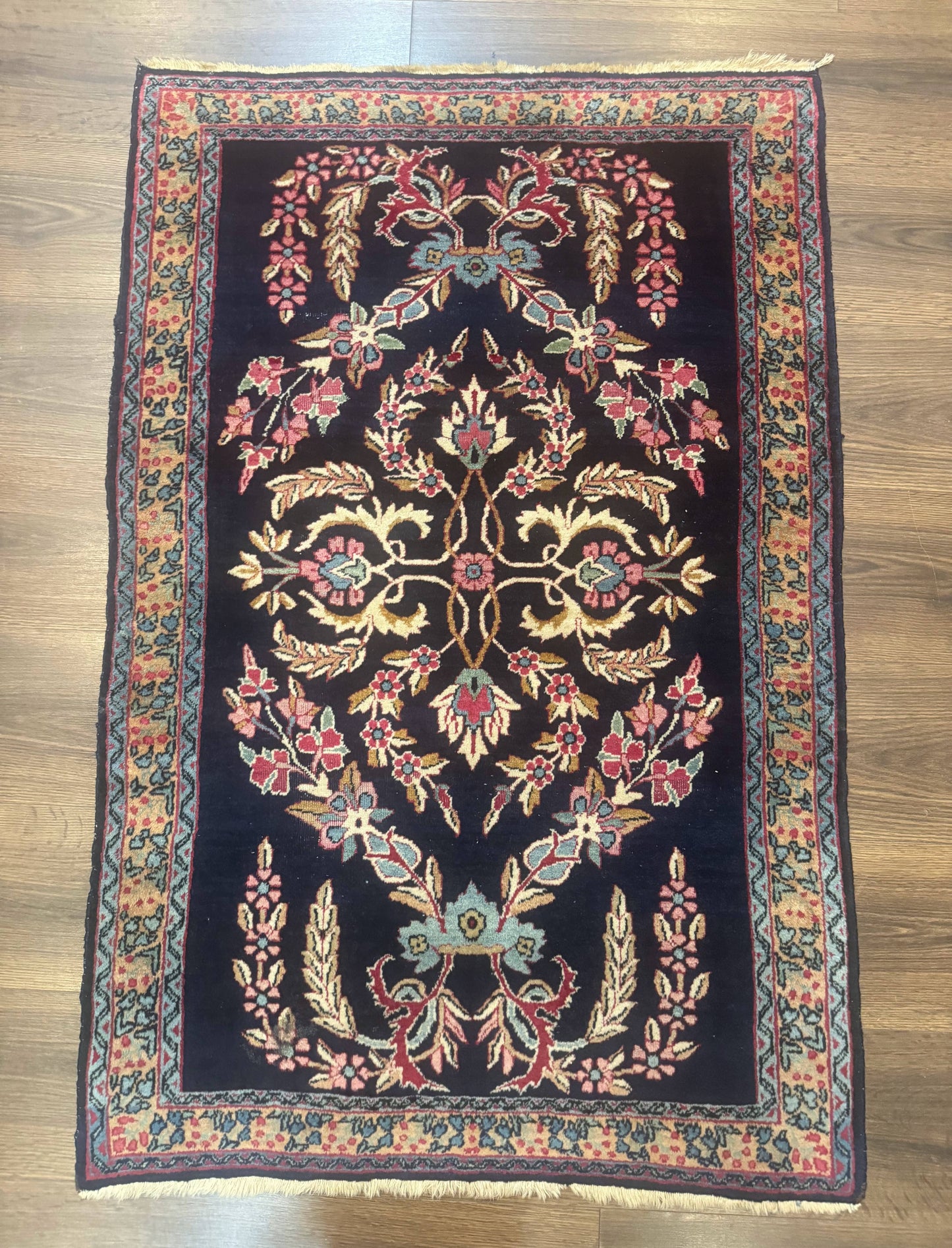 Antique Persian Kerman Rug 2.8 x 4, Navy Blue, Floral - Nuvé