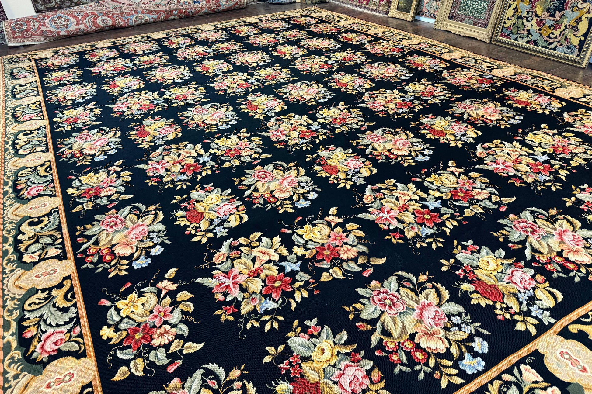 Palace Size Needlepoint Rug 12x16, Black and Colorful, Floral Panel, Handmade Oversized Wool Needlepoint Carpet, Rare - Nuvé