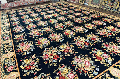 Palace Size Needlepoint Rug 12x16, Black and Colorful, Floral Panel, Handmade Oversized Wool Needlepoint Carpet, Rare - Nuvé