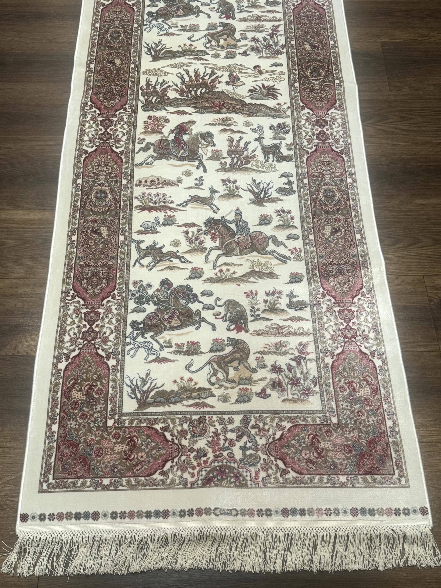 Turkish Silk Runner Rug 2.6 x 8, Hunting Design, Ivory, Bamboo Silk, New - Nuvé