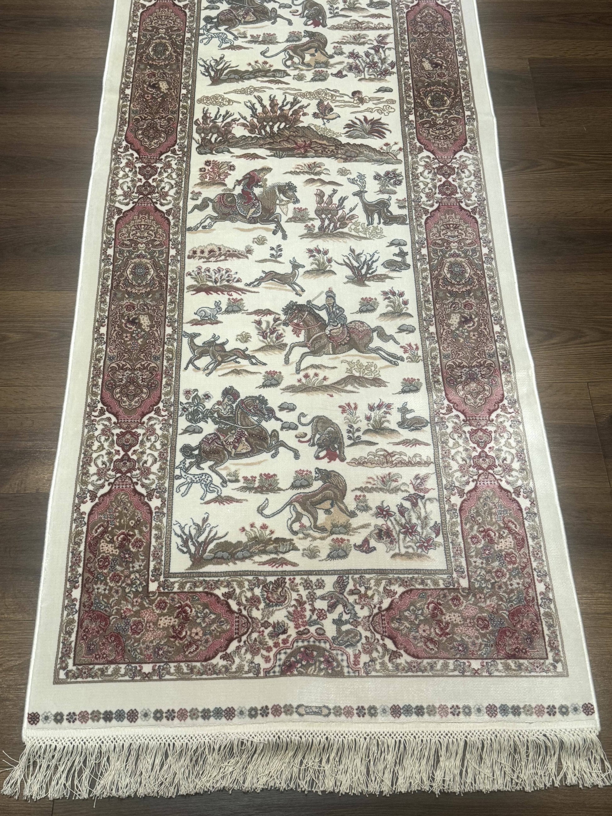 Turkish Silk Runner Rug 2.6 x 8, Hunting Design, Ivory, Bamboo Silk, New - Nuvé