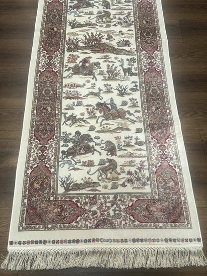 Turkish Silk Runner Rug 2.6 x 8, Hunting Design, Ivory, Bamboo Silk, New - Nuvé