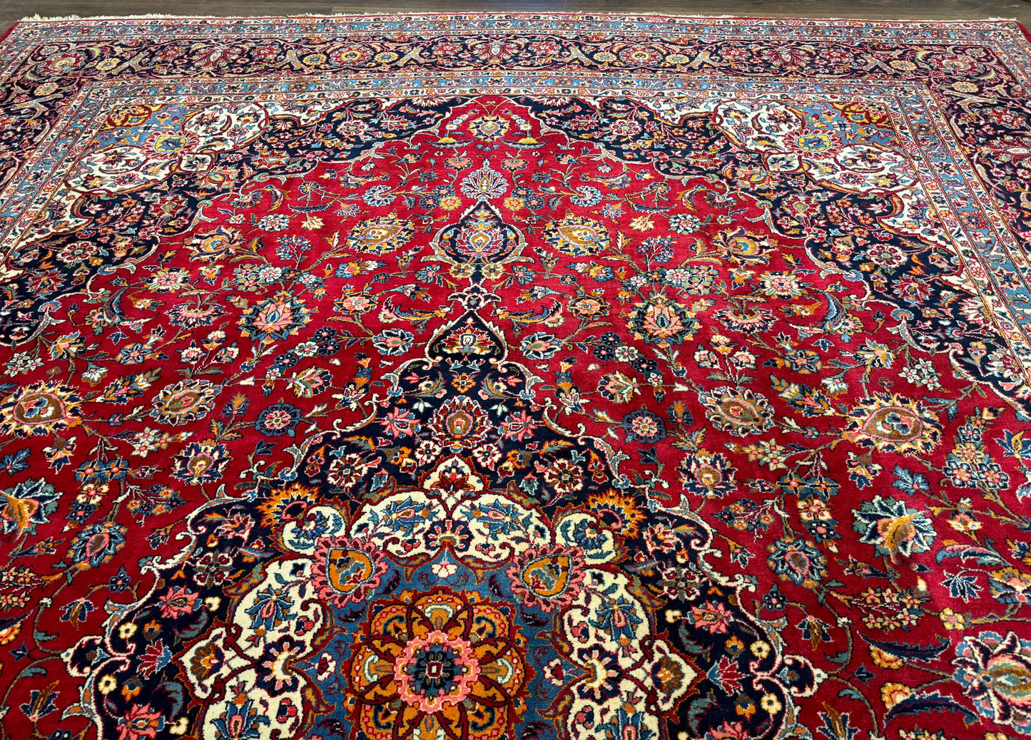 Large Persian Kashan Rug 11x14, Traditional Persian Carpet, Wool, Fine 250 KPSI, Red Navy Blue - Nuvé