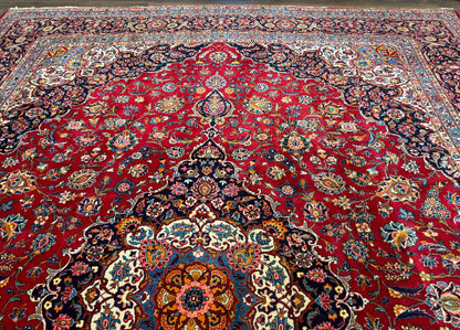 Large Persian Kashan Rug 11x14, Traditional Persian Carpet, Wool, Fine 250 KPSI, Red Navy Blue - Nuvé